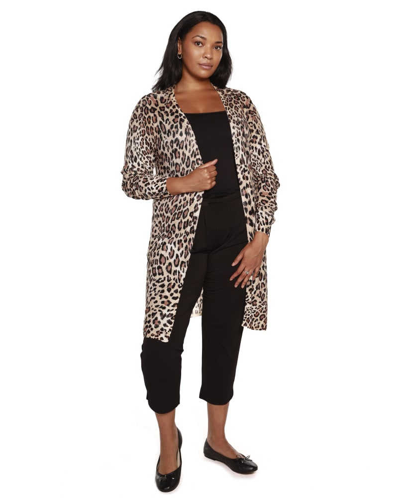 Front of a model wearing a size 3X Plus Size Leopard Print Duster Cardigan in Flax Combo by Belldini. | dia_product_style_image_id:319479